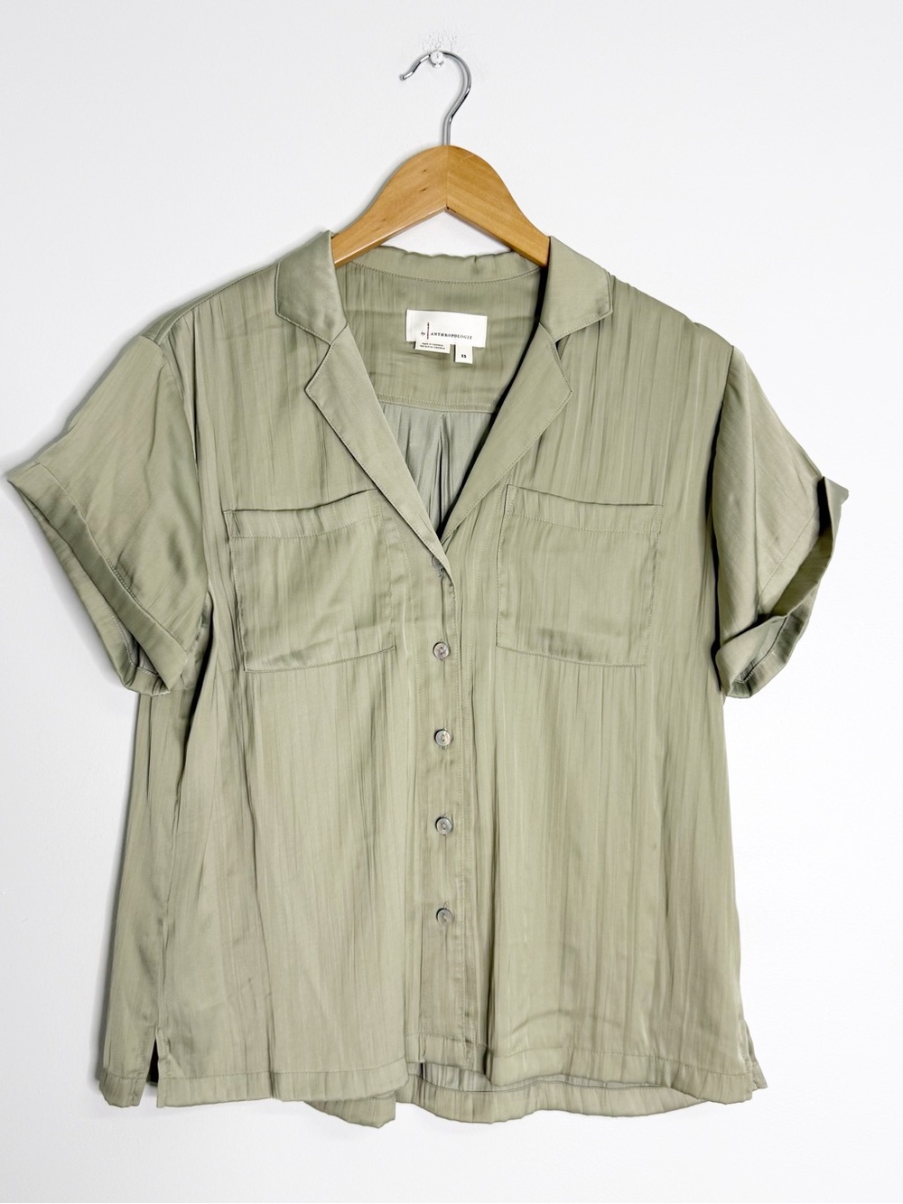 By Anthropologie Short Sleeve Blouse Extra Small Sage Green Button Front